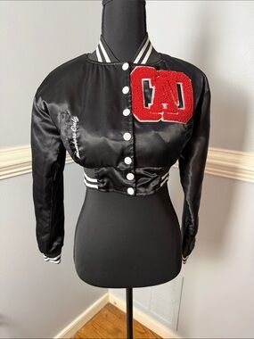 Black Satin Cropped Varsity Jacket with Red Chenille Patch